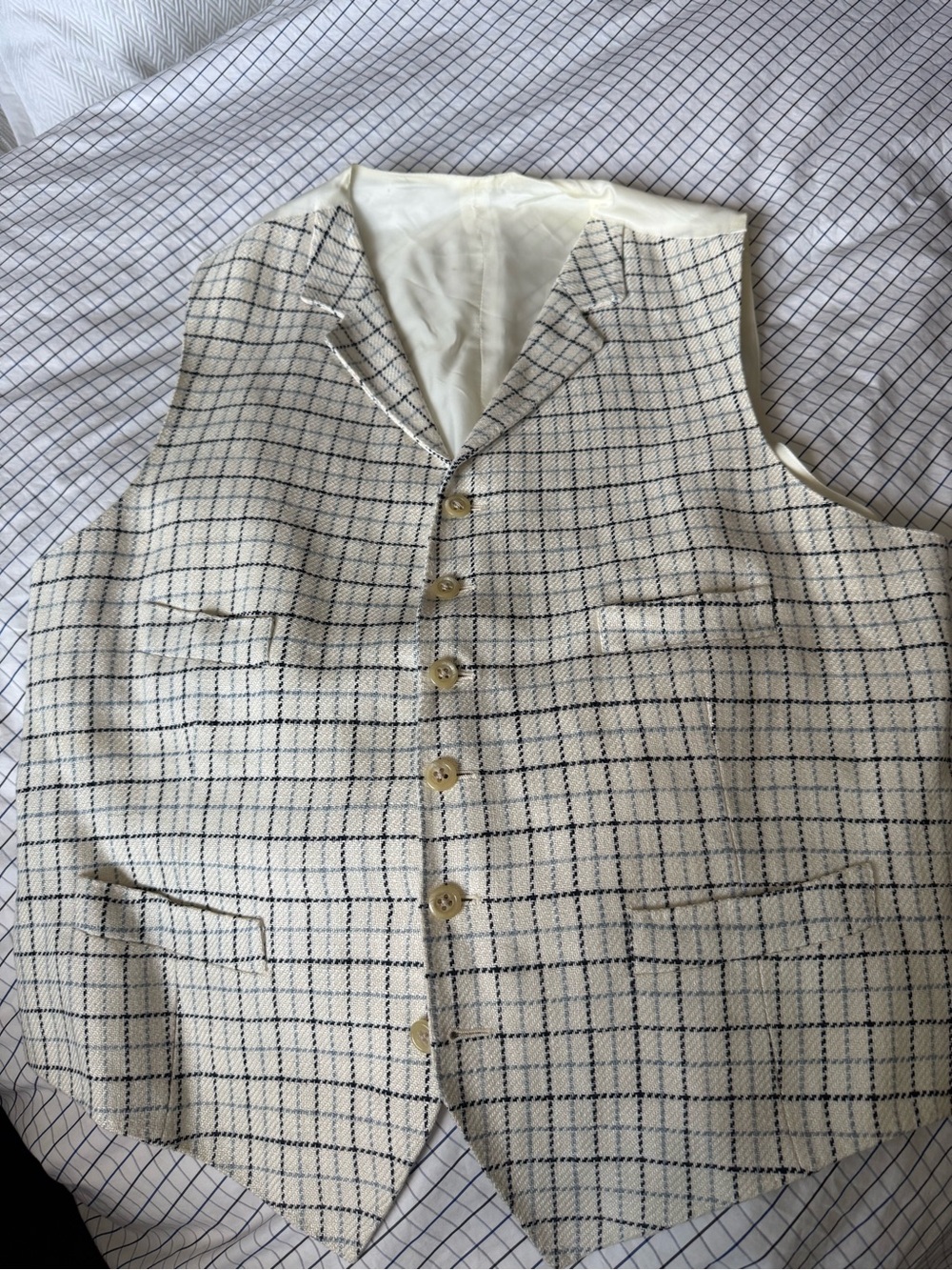 Vintage Polo Ralph Lauren Classic Windowpane Cream Silk Waistcoat w Navy Check